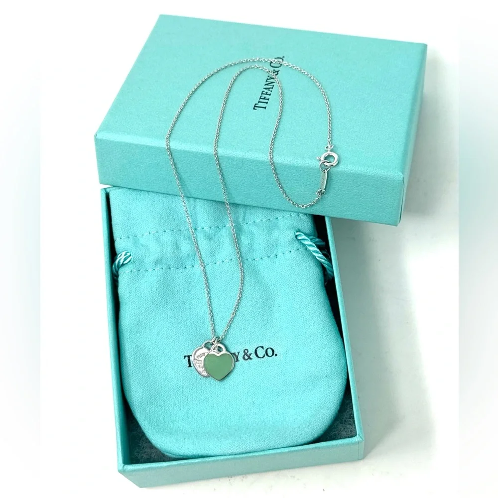 Authentic Tiffany & CO. Return To Enamel Blue Mini Double Heart Necklace. - Picture 12 of 14